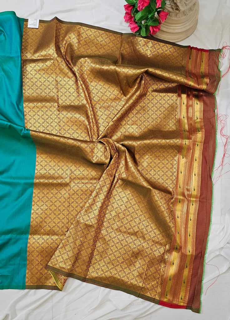 Surmayi Orange Soft Silk Paithani Saree with Lotus & Peacock Copper Zari Pallu