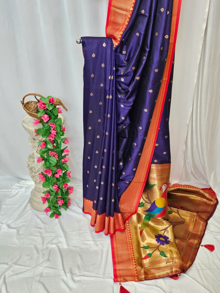 Surmayi Orange Soft Silk Paithani Saree with Lotus & Peacock Copper Zari Pallu