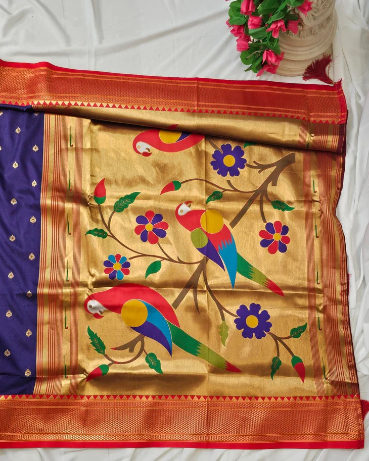 Surmayi Orange Soft Silk Paithani Saree with Lotus & Peacock Copper Zari Pallu
