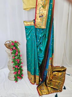 Surmayi Orange Soft Silk Paithani Saree with Lotus & Peacock Copper Zari Pallu