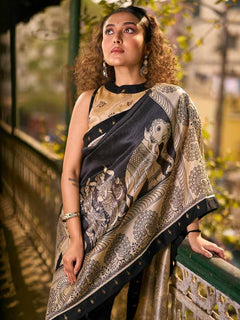 Traditional Black Art Silk Kalamkari Printed Saree with Detailed Pallu with Stiched Blouse