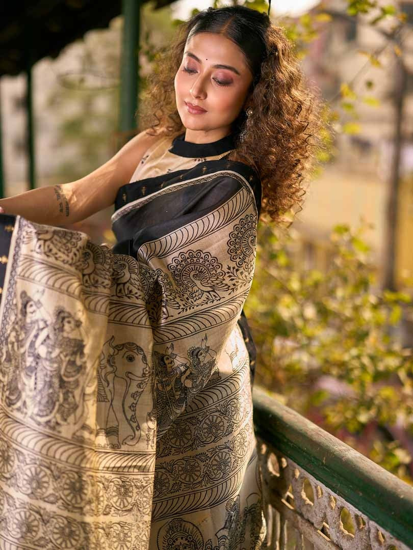 Traditional Black Art Silk Kalamkari Printed Saree with Detailed Pallu with Stiched Blouse