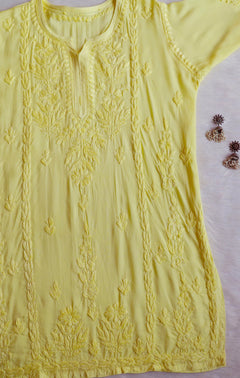 Lemon Yellow Modal Cotton Chikankari Short Kurta