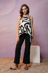 Black Print Linen Flared Top