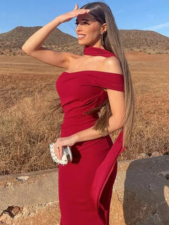 Red Flat Jersey Scarf Maxi Dress