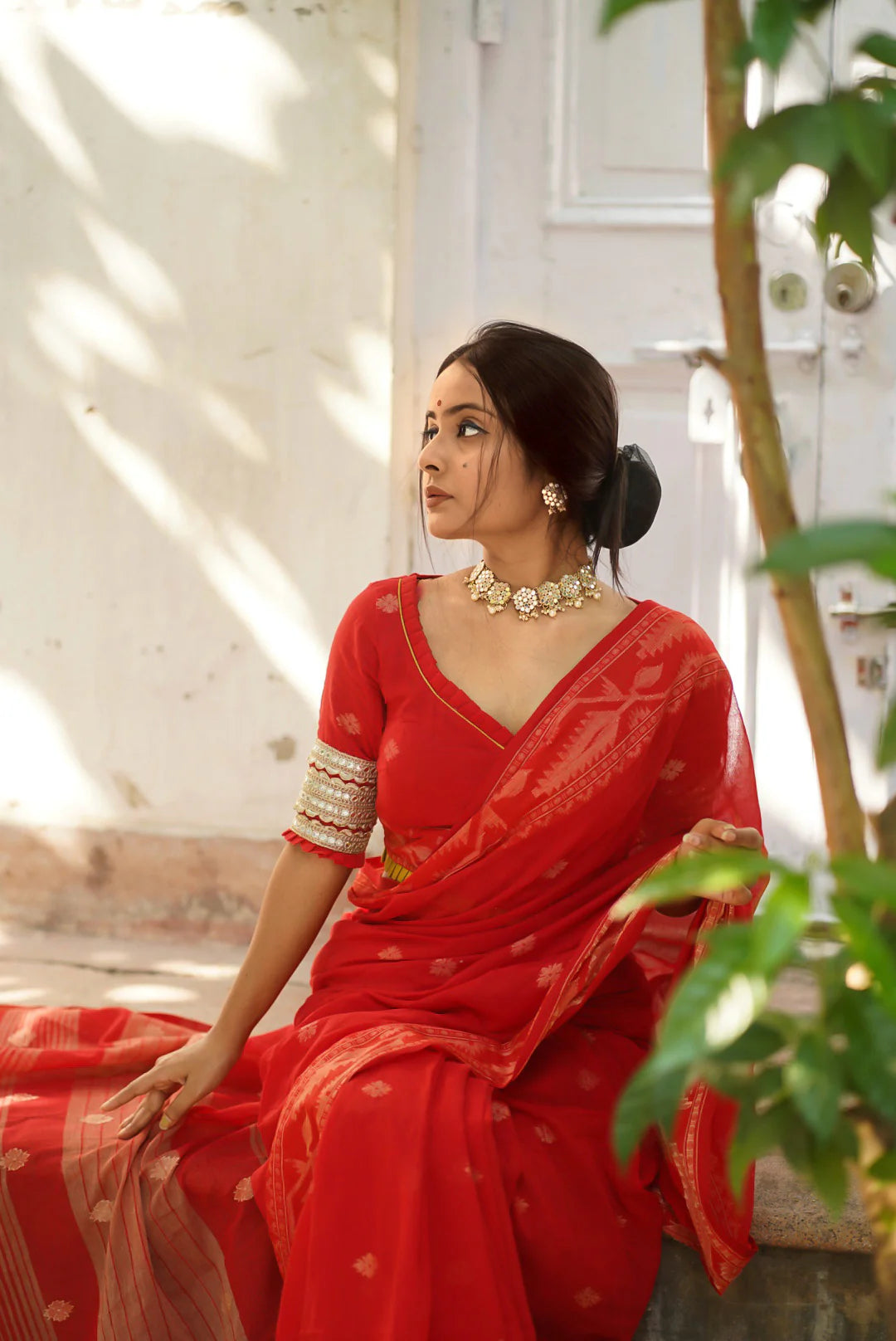 Red Handloom Cotton Woven Motifs Saree With Blouse