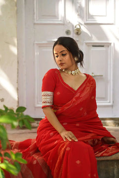 Red Handloom Cotton Woven Motifs Saree With Blouse