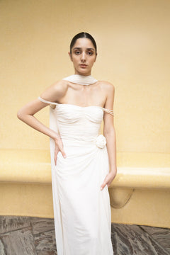 Ivory Pearl Cascade Off-Shoulder Gown