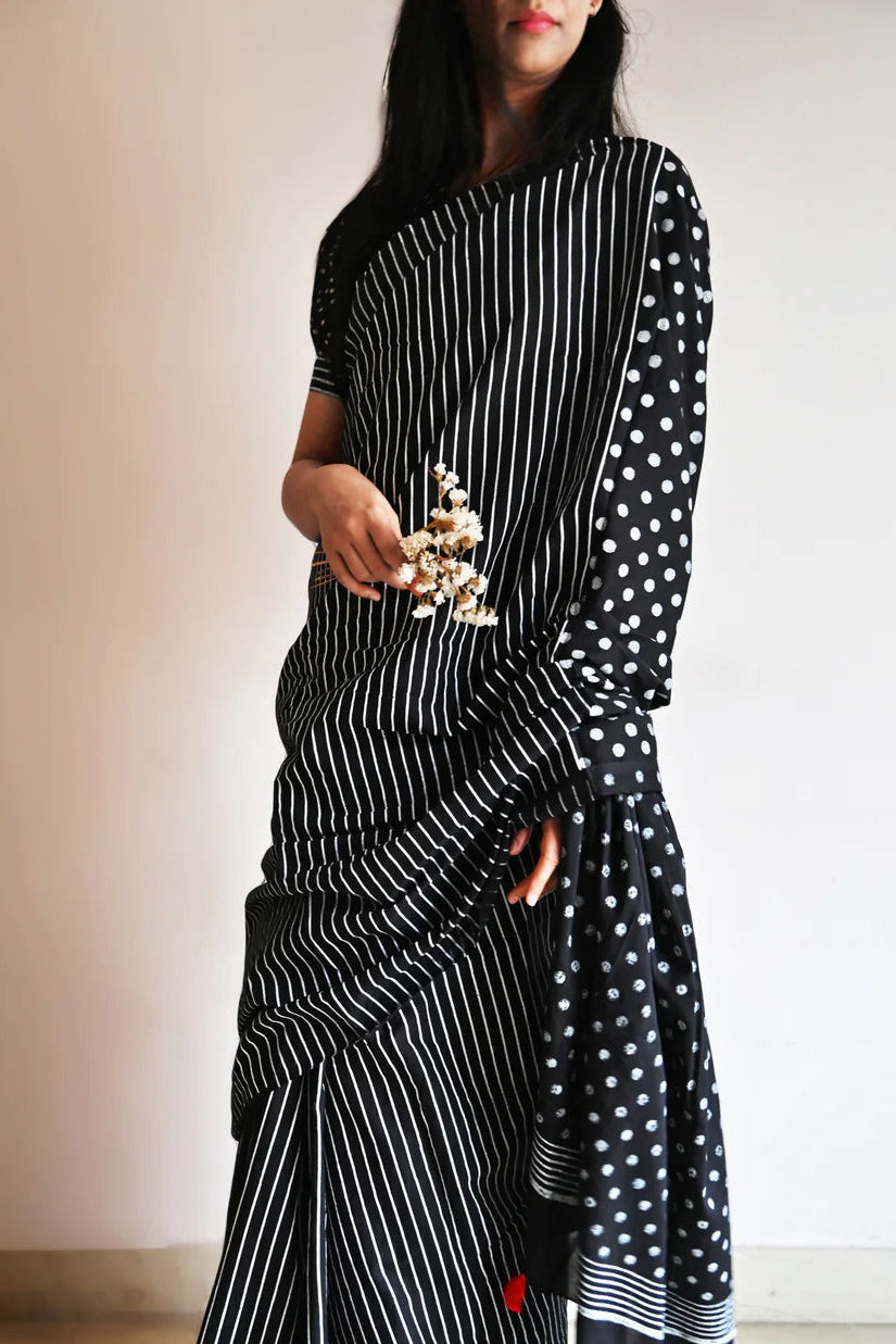 Crimson Dot & Stripe Cotton Saree