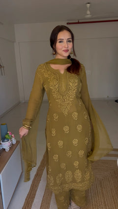 Mocha Blossom Viscose Georgette Straight Chikankari Kurta Set
