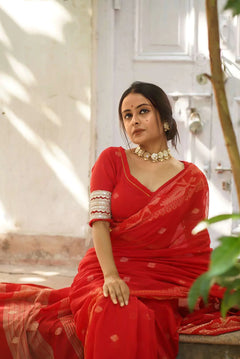 Red Handloom Cotton Woven Motifs Saree With Blouse