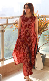 Cotton Black Wave Print High Neck High Low Sleeveless Coord