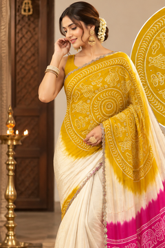 Bandhani Royale Cream & Red Saree with Aari Sequin & Mirror Work