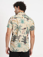 Beige Cotton Floral Printed Botanical Shirt