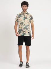 Beige Cotton Floral Printed Botanical Shirt