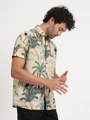 Beige Cotton Floral Printed Botanical Shirt