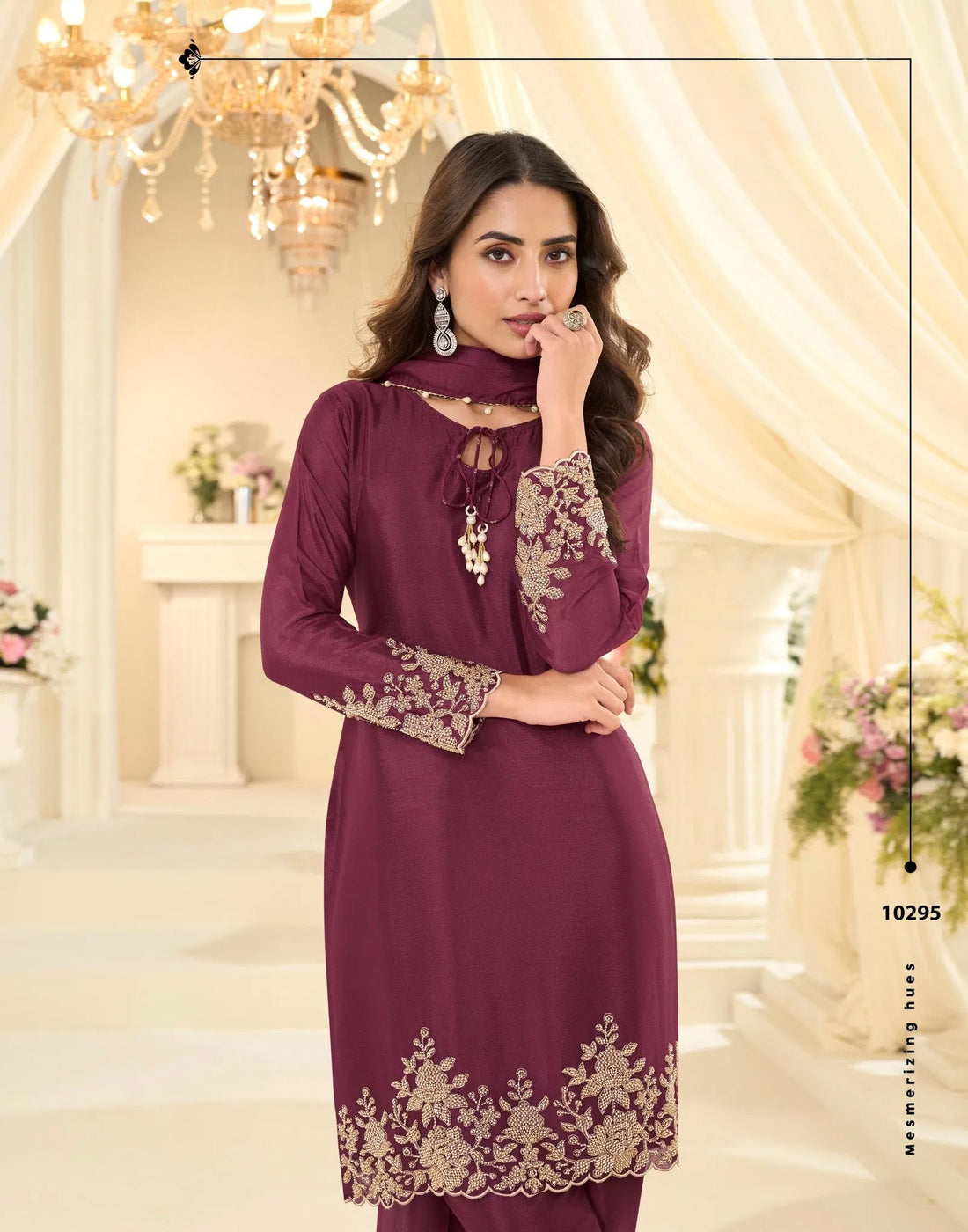 Latest Trendy Pakistani Style Rose Gold Beads Work Embroidered Top With Beads Embroidered Pant And Dupatta