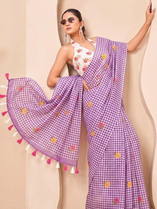 Silk Floral Checked Woven Design Border Saree