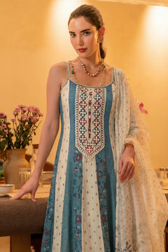 Blue Thread Embellished Cotton Blend Anarkali Set