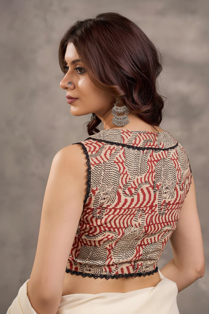 Rust Cotton Saree with Printed Sleeveless Blouse and Black Piping Detail