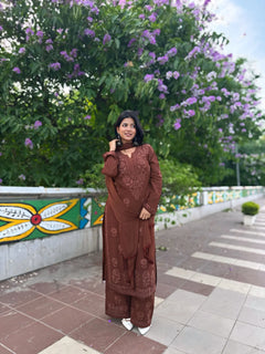 Mocha Blossom Viscose Georgette Straight Chikankari Kurta Set