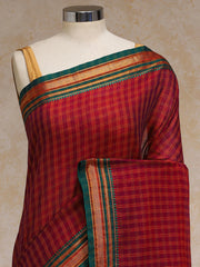 Deep Red Check Cotton Silk Kanchi Chettinad Saree With Zari Border