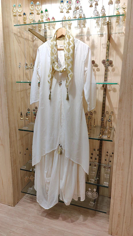 White Drape Dress With Printed Scarf - By Reet Lifestyle