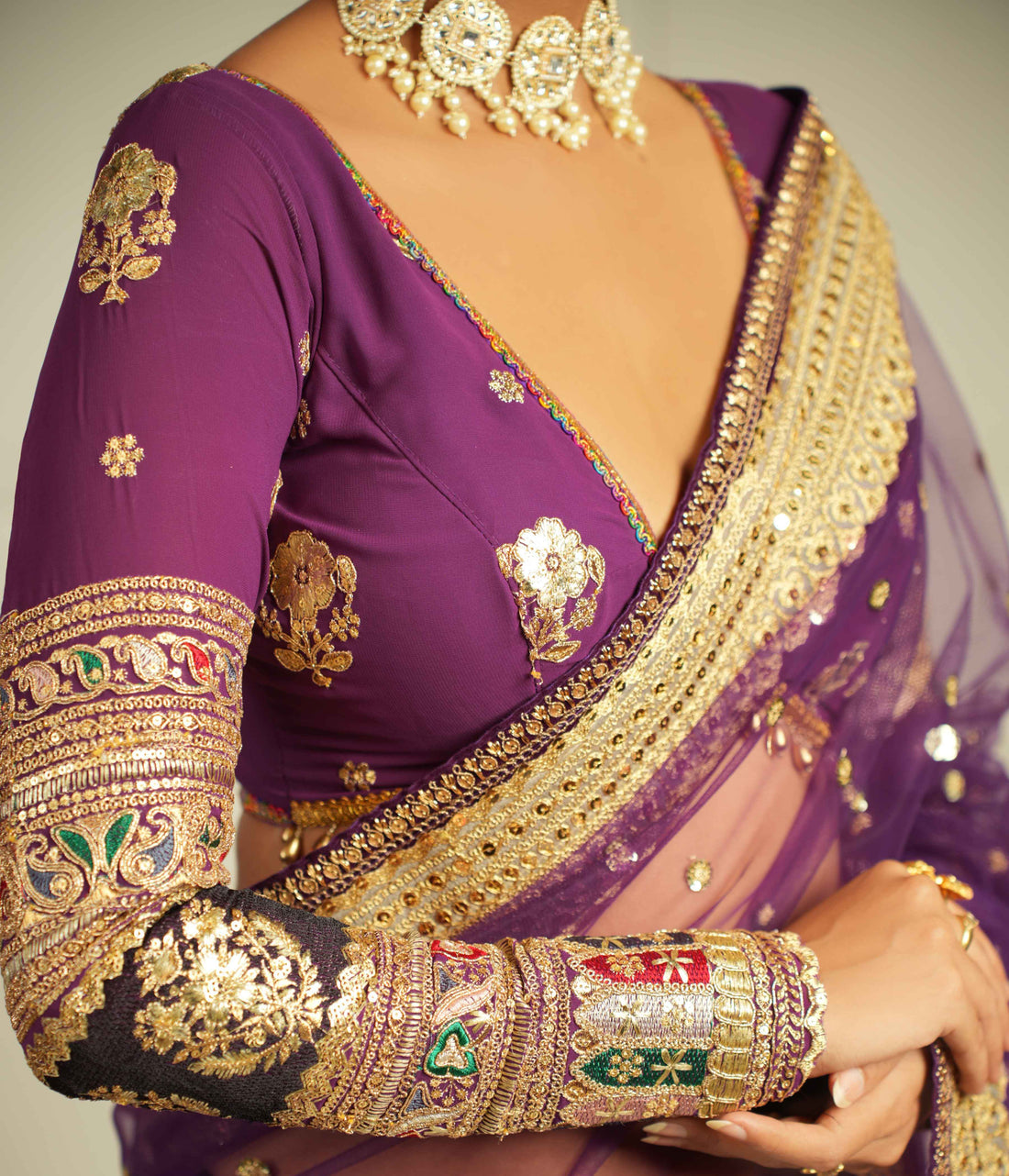 Purple net saree with blouse