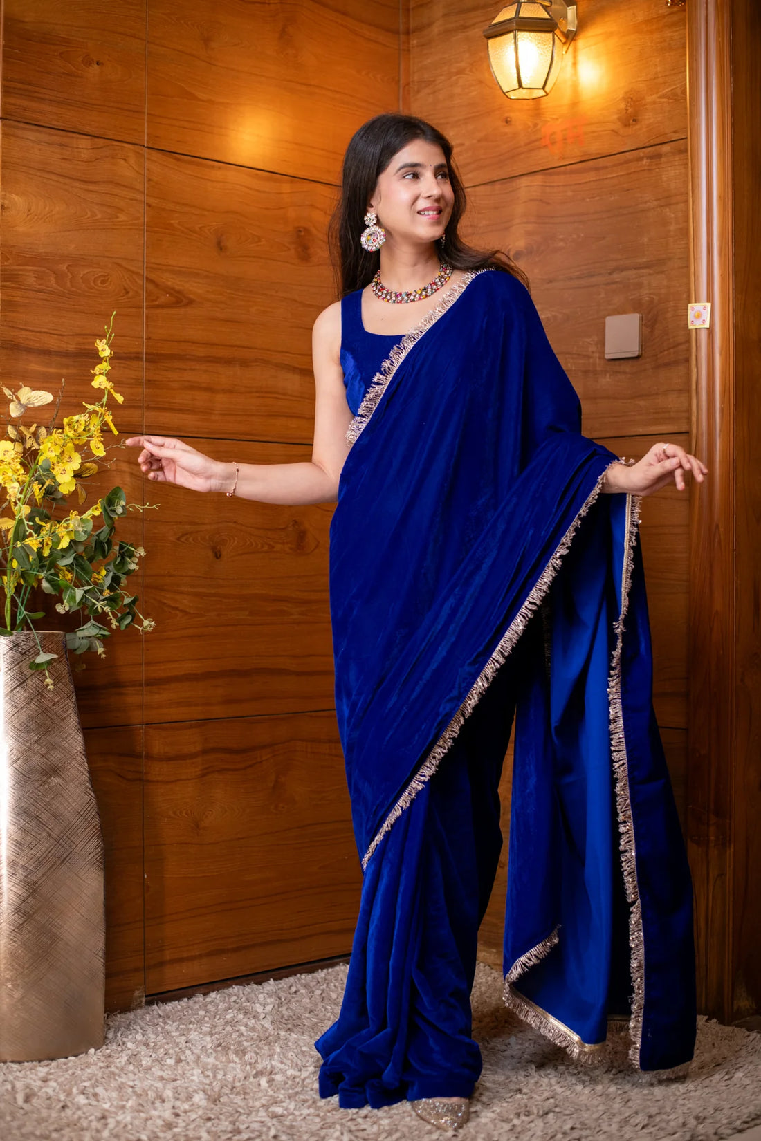 Velvet Electric Blue Ready-to-Wear Saree with blouse- By Reet Lifestyle