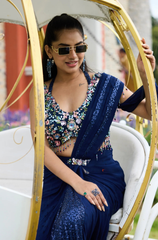 Navy Blue Viscose Designer Pre-Draped Saree
