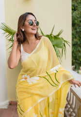 Yellow Hand Painted Mulmul Cotton Saree- By Reet Lifestyle