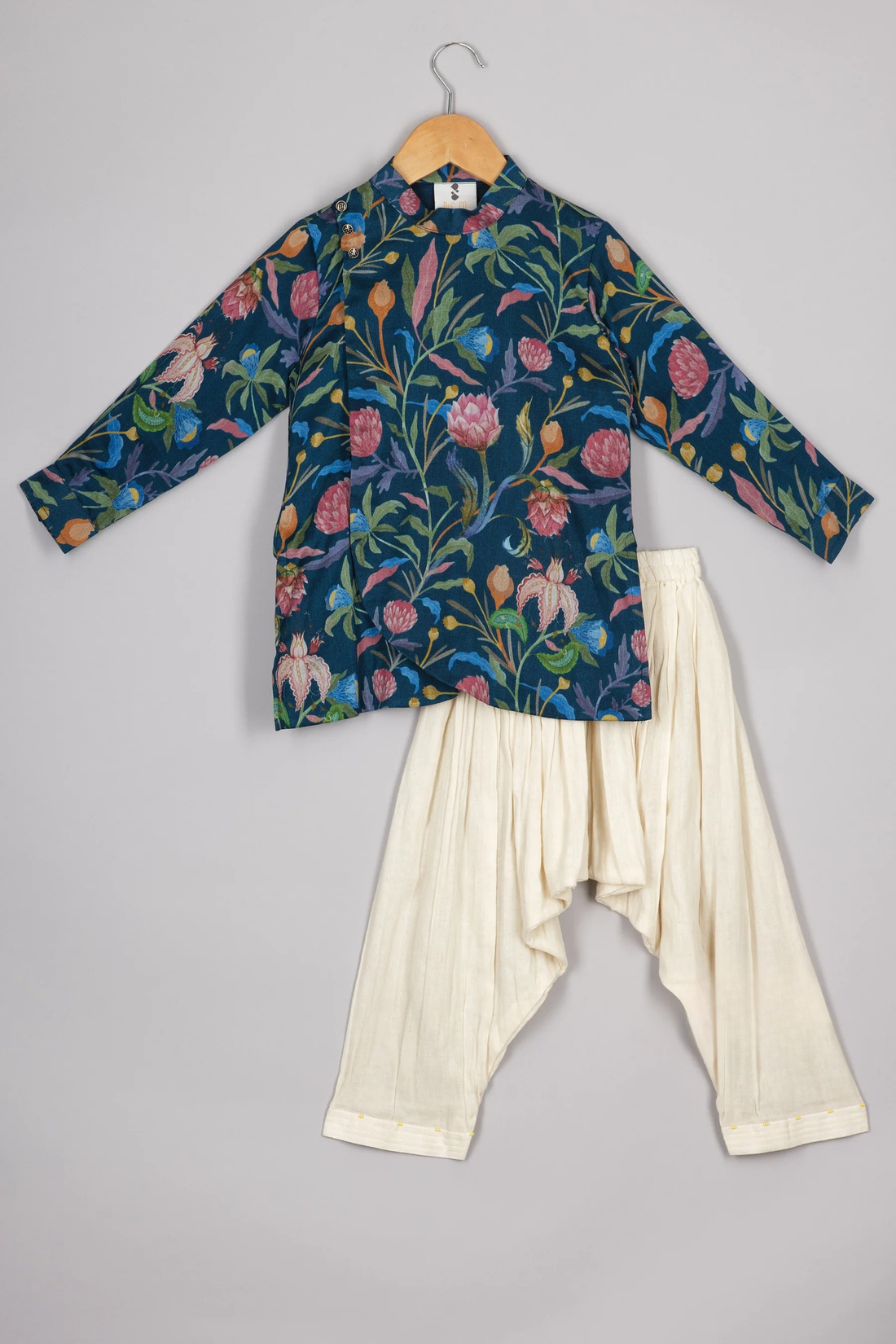 Navy Blue Chanderi Floral Kurta Patiala