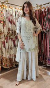 Champagne Grey Mirror Work Sharara Set