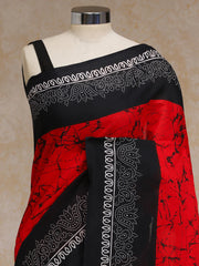 Red Black Batik Art Print Cotton Saree