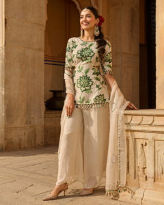 Opal Grey Printed Chanderi Suit Set- By Reet Lifestyle
