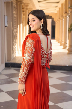 Orange Beads Work Viscose Pre-Draped Saree with Blouse