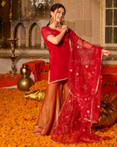 Red Solid Satin Sharara Set