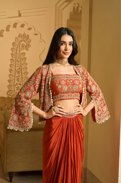 Orange Embroidered Crepe Three Piece Co-Ord Set