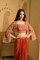 Orange Embroidered Crepe Three Piece Co-Ord Set