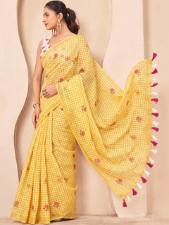 Silk Floral Checked Woven Design Border Saree