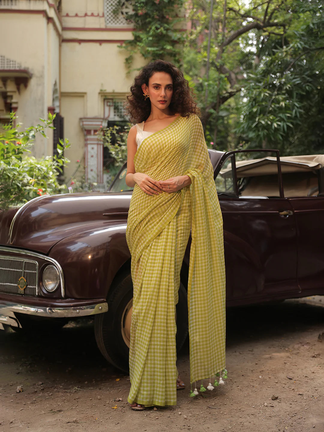 Sky Blue Gingham Mul Cotton Checks Saree