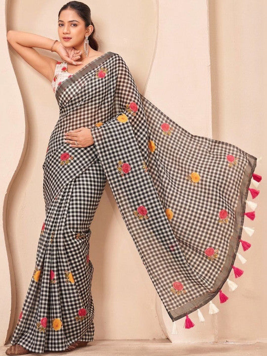 Silk Floral Checked Woven Design Border Saree