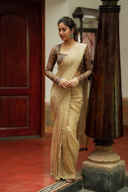 Golden Chanderi Designer Saree with Ajrakh Blouse