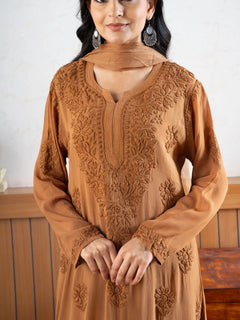 Mocha Blossom Viscose Georgette Straight Chikankari Kurta Set