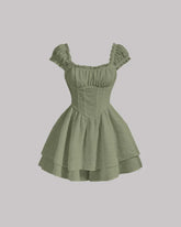 Green Square Neck Waist-Cinch Dress