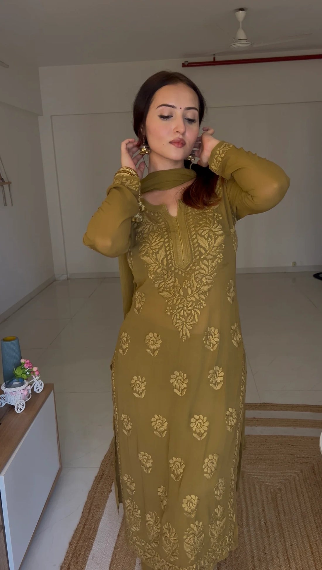 Mocha Blossom Viscose Georgette Straight Chikankari Kurta Set