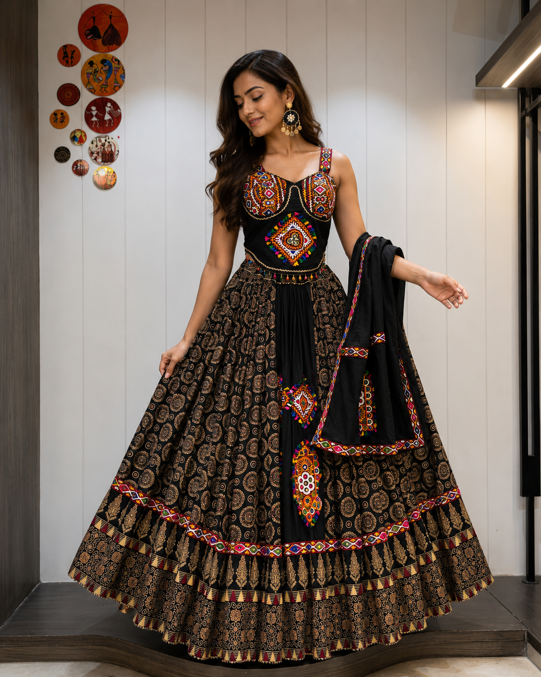 Ajrakh Tiranga Pure Camric Cotton Gamthi Work Lehenga