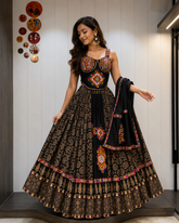 Ajrakh Tiranga Pure Camric Cotton Gamthi Work Lehenga