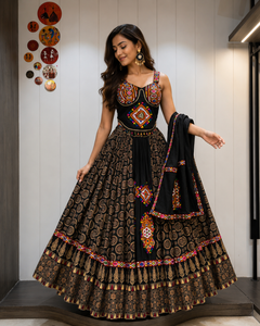 Ajrakh Tiranga Pure Camric Cotton Gamthi Work Lehenga
