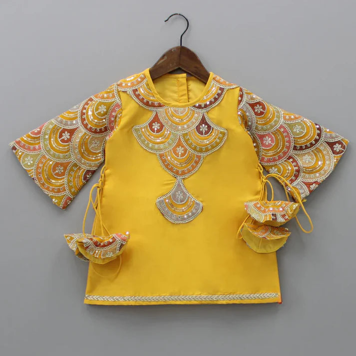 Mustard Kurti and Tulip Dhoti with Net Dupatta Twinning Set Brother Sister or Mother daughter